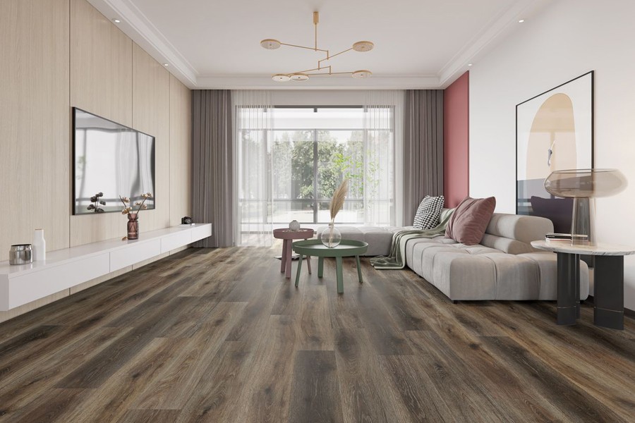 Laminate flooring dark brown style in a living setting by Carpet to Go in Bellevue, WA.